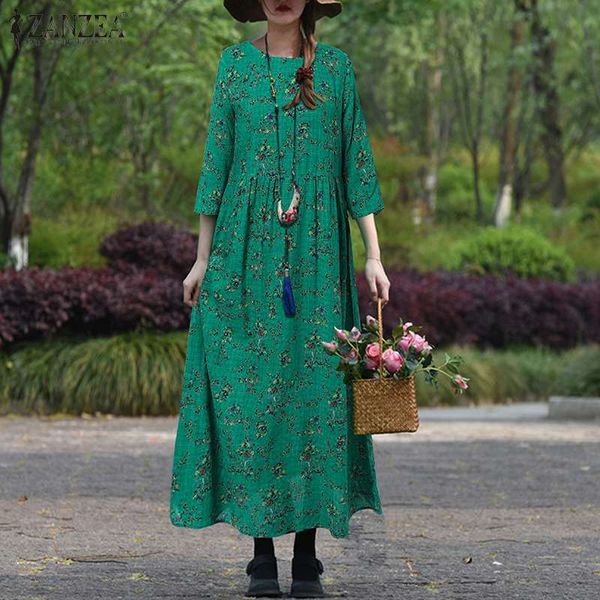 

dresses vintage printed maxi dress women's spring sundress 2021 casual 3/4 sleeve vestidos female o neck floral robe plus size, Black;gray