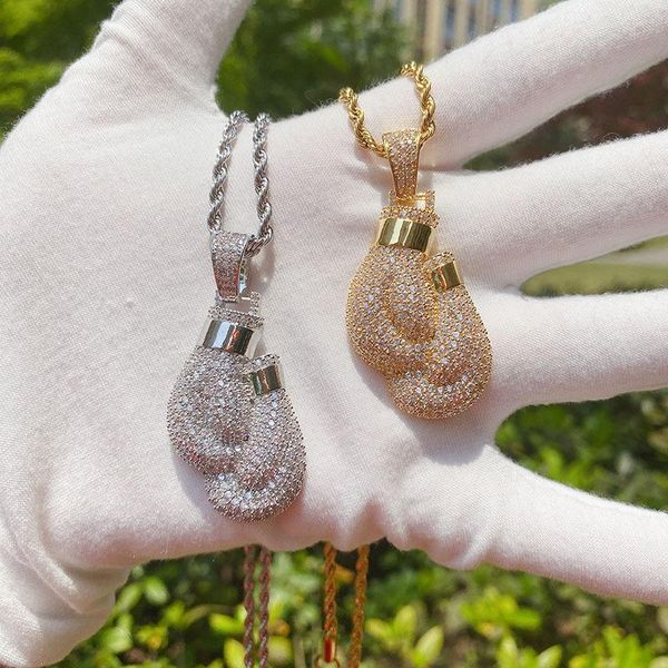 

chains iced out bling boxing gloves pendant necklace charm twist chain gold cubic zirconia mens hip hop rock jewelry gifts for him, Silver