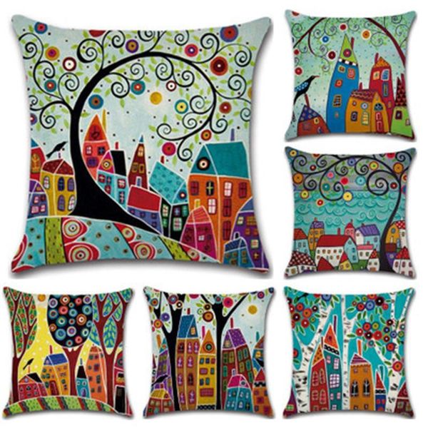 

cushion/decorative pillow sbb colorful cartoon village hand-painted beautiful llinen cushion cover printed throw pillows cases home sofa sea