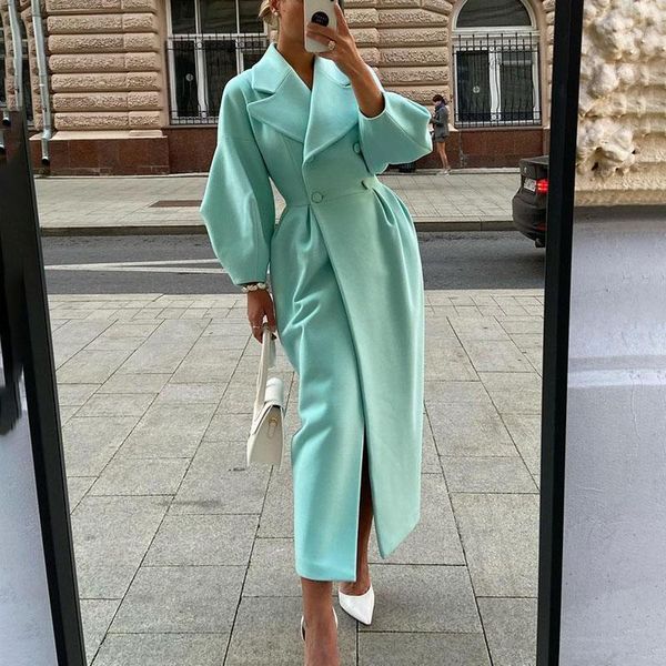 

women's wool & blends yana fashion turn down collar coats women elegant solid double breasted collected waisted jackets long ladies, Black