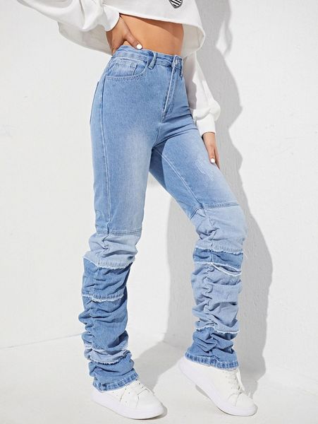 

high waist raw cut ruched jeans y8hm#, Blue