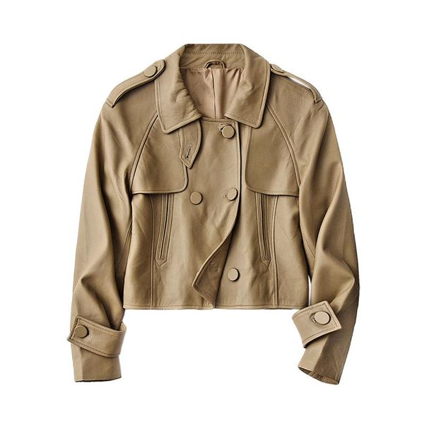 

women's leather & faux shuchan jacket double breasted spliced crop spring/autumn sheepskin waist korean coat, Black