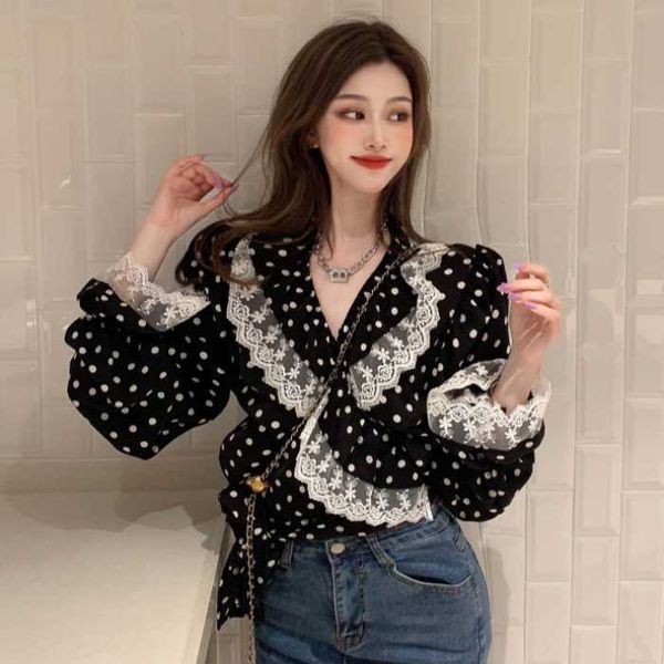 

women's blouses & shirts bow-tied with bow-down v-wave cleavage point chiffon spring temperament style bow bow-tied shirt-burning sleev, White