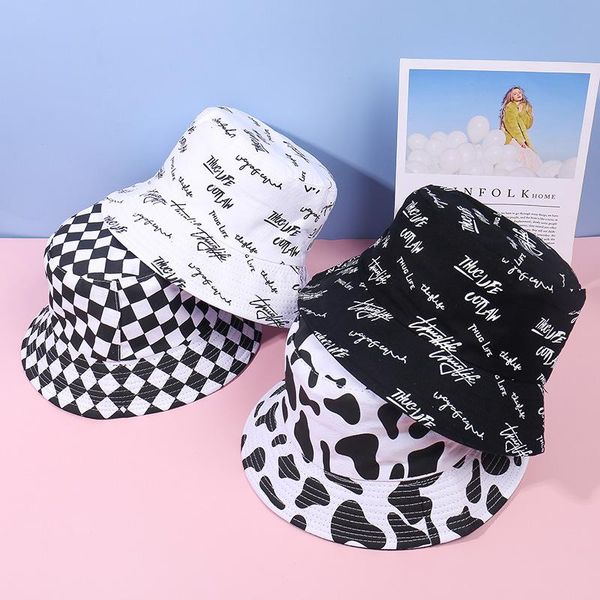 

wide brim hats 2021 summer reversible bucket hat women english letters print cotton sun protection fisherman cap panama, Blue;gray