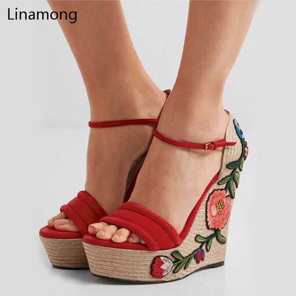

women high platform fashion wedge summer sandals rope weave embroider heel elegant female wedding party shoes, Black