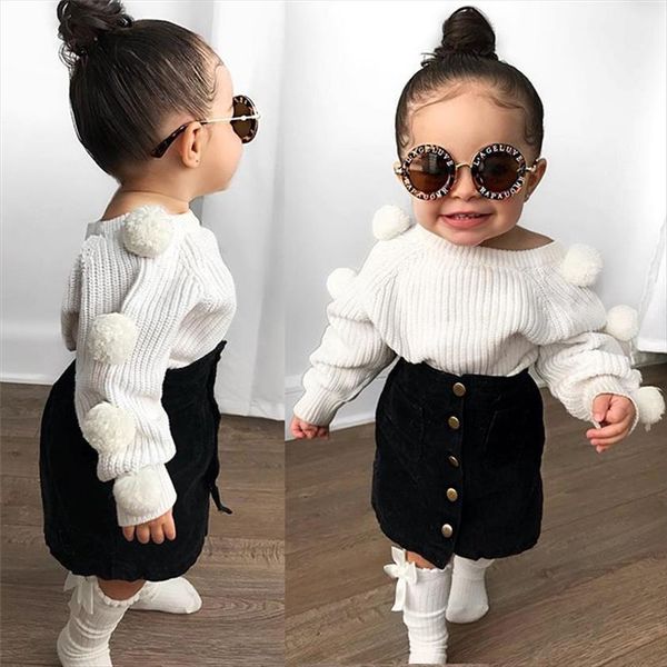 

autumn baby girl clothes set hairball knit sweater skirt 2pcs infant newborn clothing sets 2 6y, White