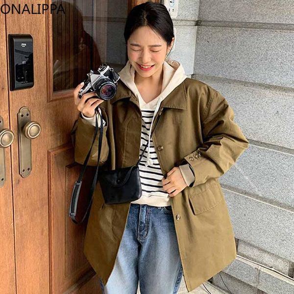 

women's jackets onalippa women chic lapel trench korean retro temperament single-breasted tying wide loose pocket cardigan long-sleeved, Black;brown