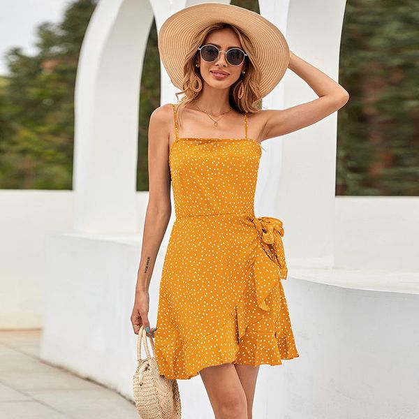 

casual dresses summer polka-dot print mini dress women spaghetti strap backless ruffle short female chic sweet lady fashion, Black;gray