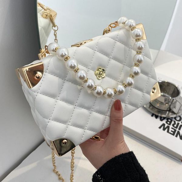 

shoulder bags rhombus lattice handbags for women luxury leather crossbody bag pearl chain tote ladies solid color messenger