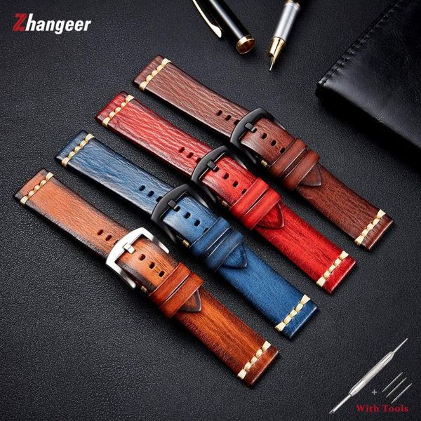 

watch bands 20mm 22mm 24mm vintage handmade genuine cowhide leather straps wristband accessories pin buckle belt +tools, Black;brown
