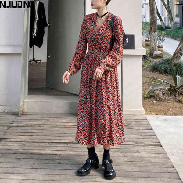 

spring summer autumn women floral print dresses female long sleeve elastic waist v-neck elegant dress mujer vestidos 210514, Black;gray