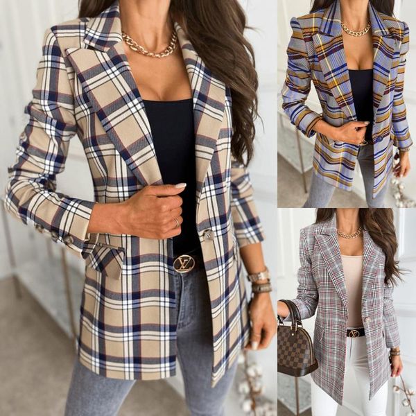 

women's jackets autumn women elegant slim turndown collar plaid print long sleeve suit cardigan casual fashion ol single breasted shirt, Black;brown