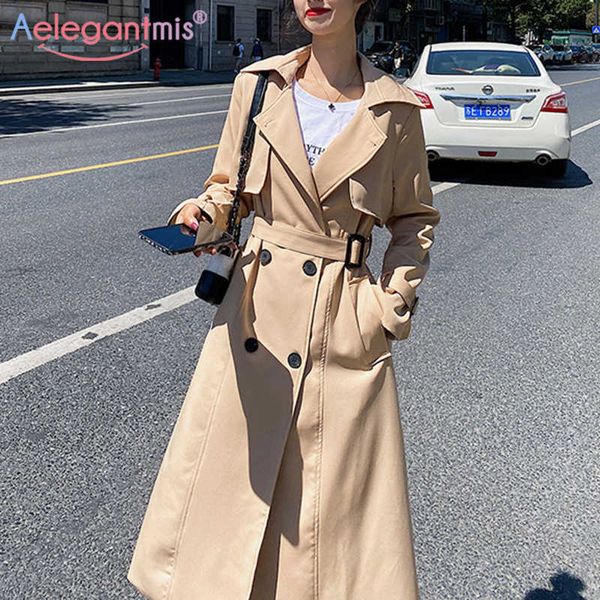 

aelegantmis women solid color double breasted trench coat with belt female plus size loose long windbreaker autumn outerwear 210607, Tan;black