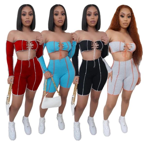 

women's tracksuits slash neck ribbons lace up front crop and shorts sets for women bodycon bodysuit bandage outfits backless sweat suit, Gray