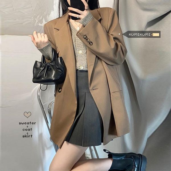 

women's suits & blazers women suit coat 2021 autumn winter khaki solid color hanging loose high street leisure top, White;black
