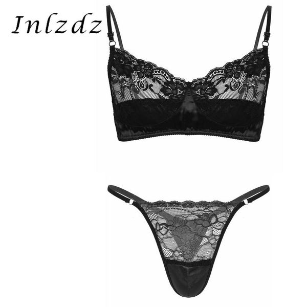 

bras sets mens floral lace sissy lingerie set satin patchwork underwear spaghetti straps wireless unlined bra with g-string thong, Red;black