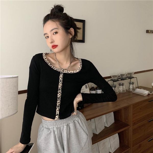 

women's t-shirt retro slim leopard print long sleeve sqaure neck short black women t shirt, White