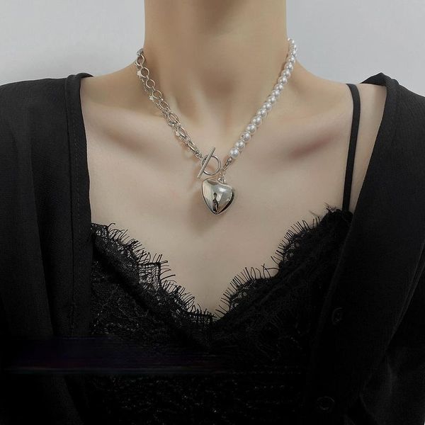 

pendant necklaces u-magical designed oversize heart pearl asymmetry necklace for women statement hiphop jewelry drop, Silver