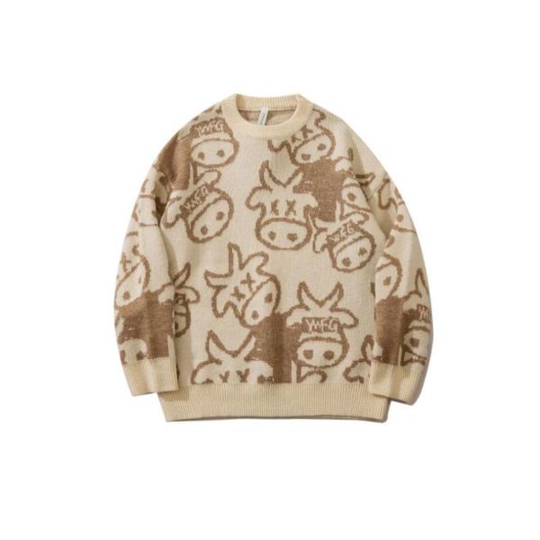 

men's sweaters sweater men harajuku fashion knitted hip hop streetwear cartoon cow print pullover o-neck oversize casual male w2306, White;black