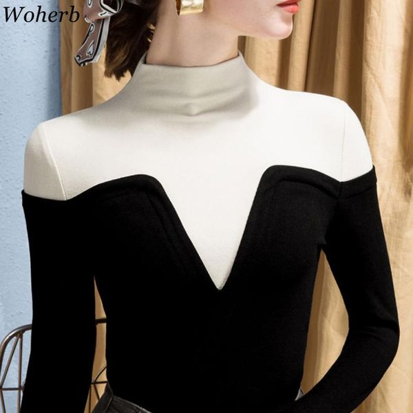 

woherb half turtleneck irregular shirt patchwork contrast color long sleeve tshirt women korean chic slim waist bodycon women's t-shir, White