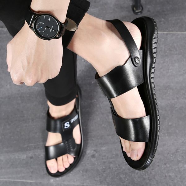 

sandals men will see flat leather sandals house slippers bath in the open air flip flops beach shoes fashion brand interior slides man j6nu, Black