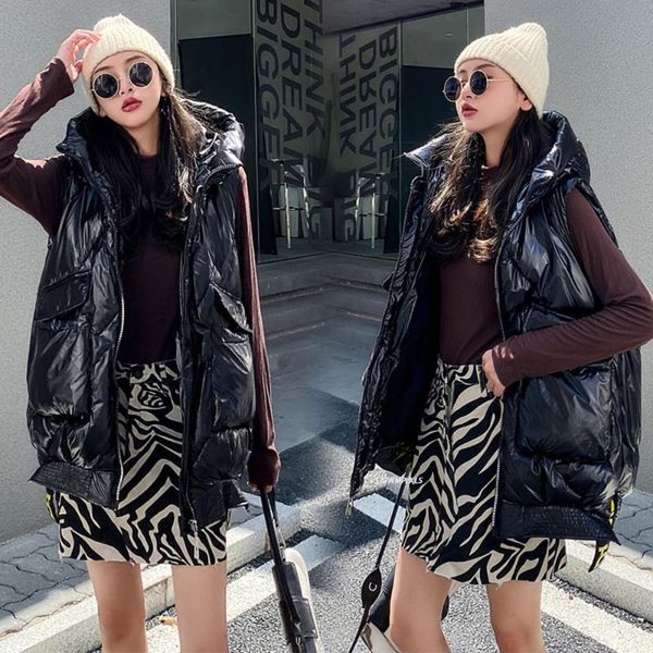 

women's vests autumn winter sleeveless padded thick coat shiny cotton vest mid-length hooded waistcoat jacket warm trendy, Black;white