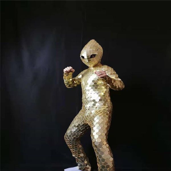 Decorazione per feste BV2 Specchi d'oro Robot di vetro Abito da uomo Dj Esegui abito Danza Specchio Costumi Abito Abbigliamento maschile Spettacolo discoteca Maschera Club