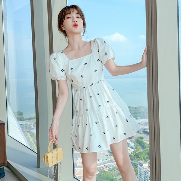 

llzacoosh summer vintage elegant woman square collar embroidery puff sleeve high waist slim office a line mini dresses 210514, Black;gray
