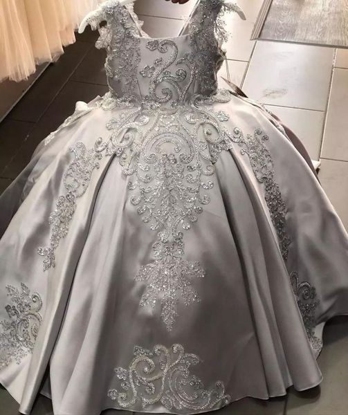 

luxurious grey flower girl dresses lace beaded satin little princess first communion gown pageant up back girl's, Red;yellow