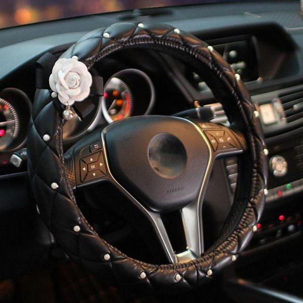 

steering wheel covers faux leather white camellia flower car interior decoration four seasons woman gift