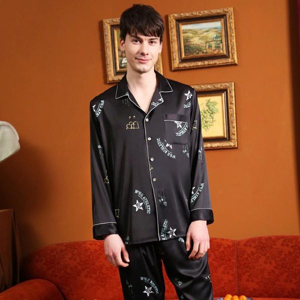 

men pajamas set autumn spring long sleeve sleepwear plus size 3xl 2pcs shirt&pant loose casual pijamas suit silky print homewear men's, Black;brown