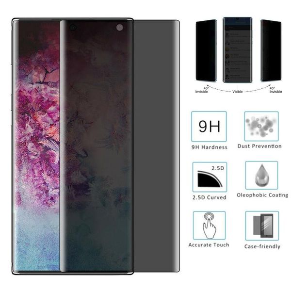 Vetro per S20 Ultra Proteggi schermo curvo Anti Privacy Screenprotector Galaxy Note 10 9 S10 E S9 S8 Plus Protezioni per telefoni cellulari