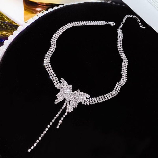 

simple full diamond butterfly clavicle necklace hip-hop rock tassel style ladies boutique fashion jewelry gifts chokers, Golden;silver