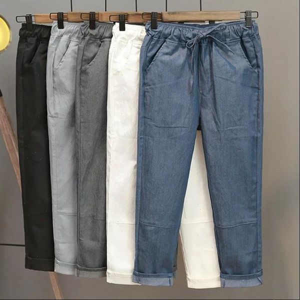 

ck527 womens pants casual cotton linen elastic waist solid calf women pencil harem summer pockets trousers fall, Black;white