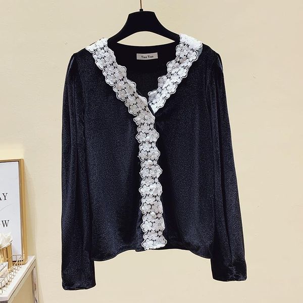 

retro lace shirt v-neck velvet bottoming puff sleeve ladies long-sleeved autumn uk175 women's blouses & shirts, White