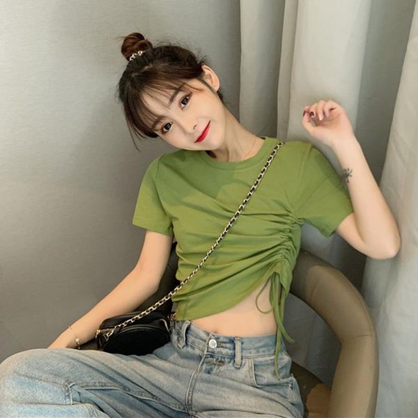 

green for women clothing o-neck slim short sleeve t shirt female 2021 summer fashion drawstring lace-up tees korean ins women's t-shir, White