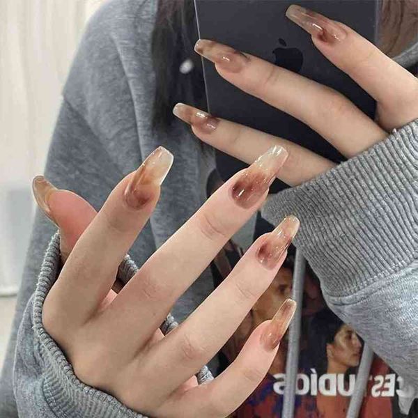 

false nails 24pcs french false nails coffin gradient design artificial ballerina fake with glue full cover nail tips press on 220225, Red;gold