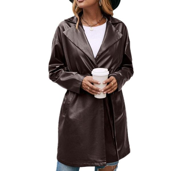 

women's leather & faux medium and long pu suit jacket lace up slim sleeve windbreaker blouse women, Black