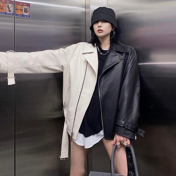 

women's leather & faux spring autumn lapel splicing pu jacket women moto frenulum soft coat casual loose outwear with belt, Black