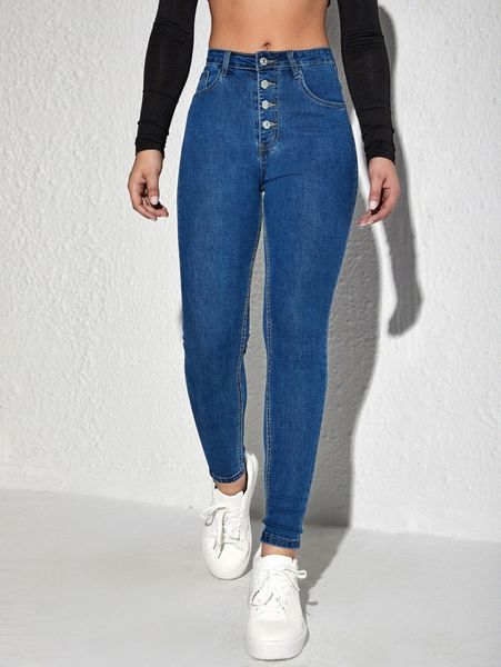 

high waist button fly skinny jeans h9gu#, Blue