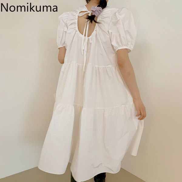 

nomikuma korean chic summer dress women backless lace up o neck puff sleeve dresses female solid color casual loose robe femme 210514, Black;gray