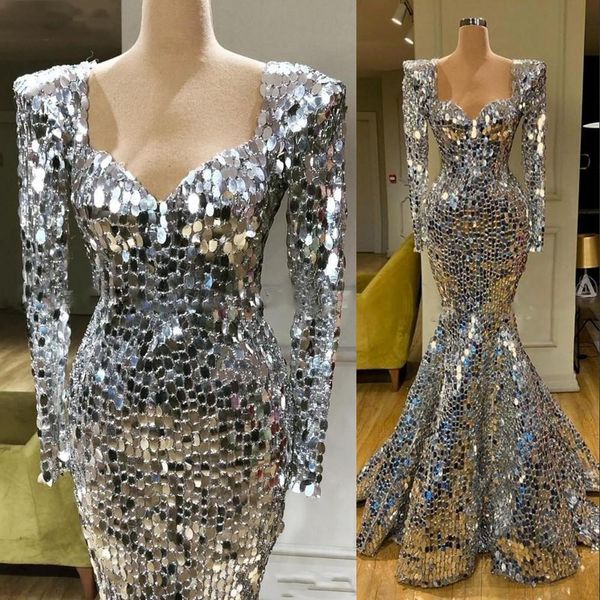 2023 New Sparkly Sequins Silver Mermaid Evening Dresses Sweetheart Neck Long Sleeves Plus Size Formal prom Occasion Gowns