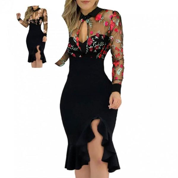 

casual dresses spring autumn temperament embroidery net yarn see through dress comfy midi for banquet, Black;gray