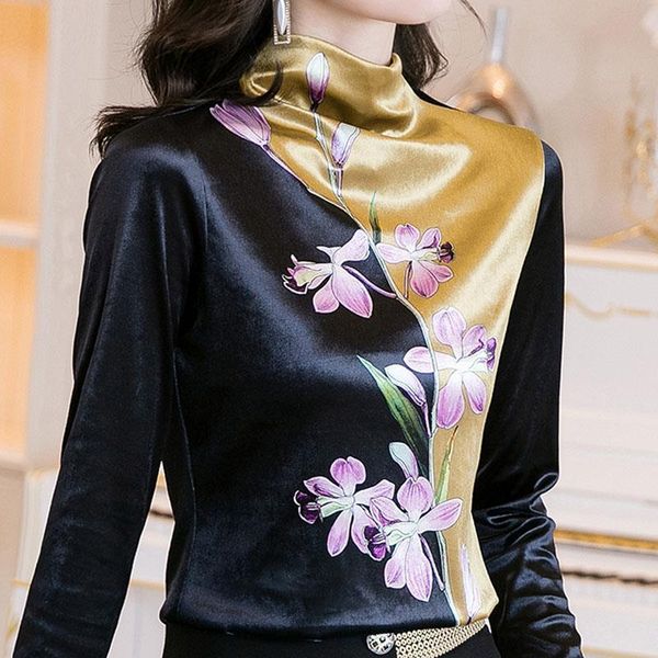 

autumn long sleeve print women blouses blusas mujer de moda turtleneck velour winter clothes d715, White