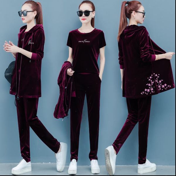 

velvet tracksuit women tracksuits for autumn female fashion large size jacket t shirt pants suits womens three piece sets, Gray