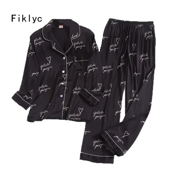 Fiklyc Underwear Letra de Seda Faux Imprimir Sexy Mulheres Primavera de Manga Longa Calças Pijamas Conjuntos Bonito Lindo Nightwear 210809