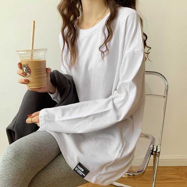 

2021 new korean bottoming shirt loose versatile medium long sleeve autumn and winter t-shirt women's top, White