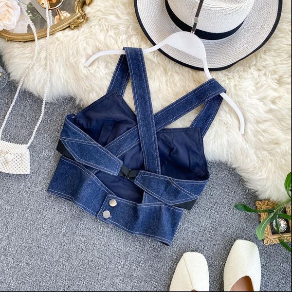 

korean retro denim vest fashion women tank short open back summer ins wild, White