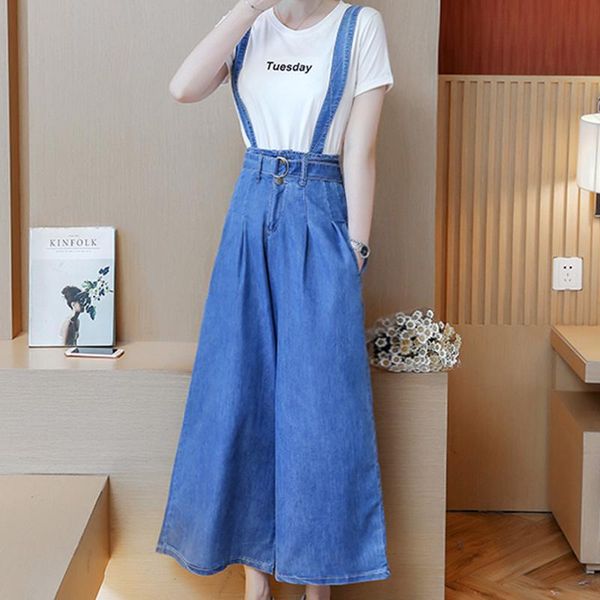 

women's jeans high waist wide leg women fashion suspender korean style denim pants casual loose trousers vaqueros mujer, Blue