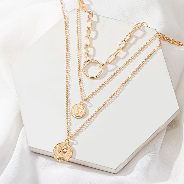 

2021 ladies multi-layer gold pendant collar portrait coin netal chain necklace well-designed jewelry gift wholesale, Silver